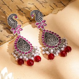 Rubans Oxidised Silver-Plated Peacock Motif Pink Stone & Pearl Beaded Earrings-28