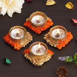 eCraftIndia Orange & Gold Aluminium Tea Light Holders - Set of 4-image-83