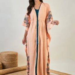 The Kaftan Company Peach & Blue Paisley Print Kaftan With Inner-image-17