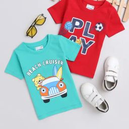 Bumzee Kids Turquoise & Red Graphic Print T-Shirt (Pack Of 2)-6