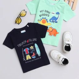 Bumzee Kids Green & Navy Printed T-Shirt (Pack Of 2)-image-49