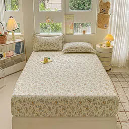 JC HOME Beige & Blue Floral Pure Cotton 220 TC Fitted Double King Bedsheet Set-1.80mx2m-image-61