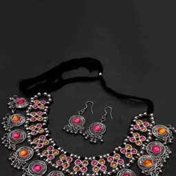 SZN Artificial Stones Studded And Beaded Oxidised Necklace And Earrings-21