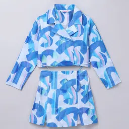 taffykids Girls Abstract Printed Notched lapel Collar Pure Cotton Wrap Crop Blazer & Skirt-image-6