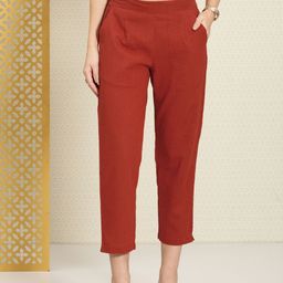 House of Pataudi Women Self Design Pure Cotton Elasticated Cropped Ethnic Trousers-image-62