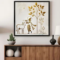 999Store Beige & Gold-Toned Lord Krishna Printed Canvas Wall Art-image-79