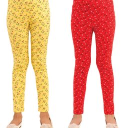 Kids Cave Combo Pack Of 2 Full Length Floral Print Leggings - Red Yellow-image-83
