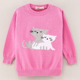 Simply Full Sleeves Cotton Sweater Cat Print- Pink-image-94