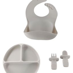 B4Brain Silicon Plate With Fork Spoon Silicon Bib & Feeding Guide - Grey-24