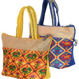 Kuber Industries Polyester Elephant Print Hand Bag For Women Girls With Handle Pack of 2,Blue & Yellow, 54KM4037-73