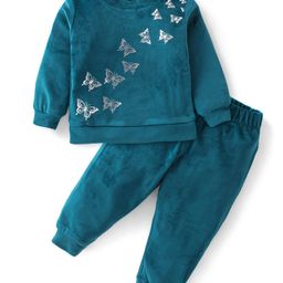 Babyhug Velour Full Sleeves Winter Wear Suit Butterfly Print - Teal Green-image-22