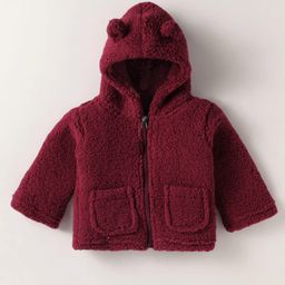 Kanvin Cotton Woven Full Sleeves Solid Colour Hooded Winter Fur Jacket With Ear Applique - Wine-image-31
