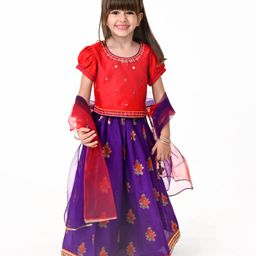 Babyhug Woven Puffed Sleeves Foil Printed Embroidered Choli Lehenga & Dupatta Set - Purple-image-30