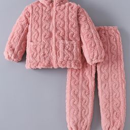 Kookie Kids Full Sleeves Winter Wear Sweatjacket & Lounge Pant Set with Cable Knit Design - Pink-image-54