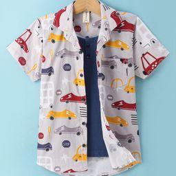Dapper Dudes Half Sleeves Car Printed Shirt With Attached Solid Tee - Navy Blue-image-69