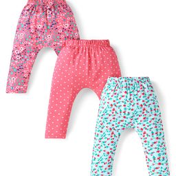 Babyhug Interlock Knit Full Length Polka Dot & Floral Printed Diaper Leggings Pack of 3 - Pink Dark Pink & Blue-image-76