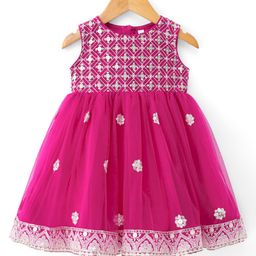 Babyhug Woven Sleeveless Sequin Embroidered Ethnic Dress - Fuschia-image-71