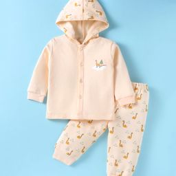 Tango Fleece Knit Full Sleeves Hooded Front Open Winter Wear Night Suit With Dinosaurs Print - Peach-image-11
