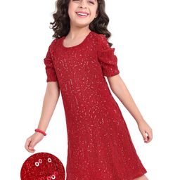 Hola Bonita Knit Half Puffed Sleeves Glitter & Sequined A Line Party Frock - Red-picture-8