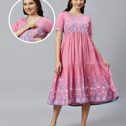 Dummy Shape Viscose Rayon Half Sleeves Floral Printed Maternity Flared Kurta With Nursing Access - Baby Pink-image-59