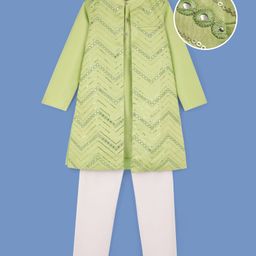 Pine Kids Woven Full Sleeves Kurta Pyjama Set with Sequin Detailing Jacket - Lime Green-image-68