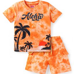 Babyhug Single Jersey Knit Half Sleeves T-Shirt & Shorts Set with Beach Theme Print - Orange-image-63