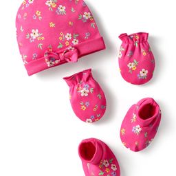 Babyhug 100% Cotton Interlock Knit Cap Mittens & Booties Set with Floral Print Dark Pink - Diameter 15 cm-picture-14
