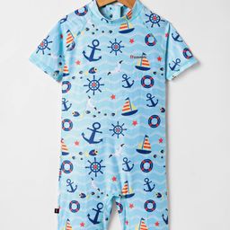 ROVARS Cotton Lycra Half Sleeves Legged Swimsuit with Anchor & Boat Print - Light Blue & Royal Blue-image-38
