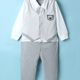 Kookie Kids Interlock Knit Full Sleeves Striped Romper With Teddy Bear Patch & Bow Applique - White-image-73