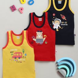 BUMZEE Cotton Knit Sleeveless Vests With Vehicle & Space Theme Print Pack Of 3 - Black Yellow & Red-picture-33