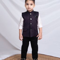 LITTLE COLLARS Jacquard Full Sleeves Damask Embroidered 3 Piece Party Suit Set - Wine-image-8