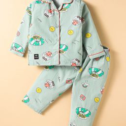 Enfance Core Cotton Woven Full Sleeves Swimming Teddy Printed Coordinating Night Suit Set - Green-image-87