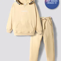 Primo Gino Boys 100% Cotton French Terry Knit Oversized Drop Shoulder Full Sleeves Hoodie & Jogger Set with Text Print & Kangaroo Pocket - Beige-picture-43