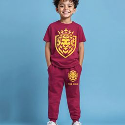 Trampoline Cotton Blend Knit Half Sleeves Lion Printed Tee With Coordinating Track Pants Set - Maroon-image-93