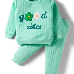 Little Darlings Knit Full Sleeves Winter Wear T-Shirt & Lounge Pant Set With Floral Embroidery - Light Green-picture-5