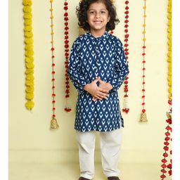 The Magic Wand Woven Full Sleeves Abstract Printed Kurta Pyjama - Navy Blue-picture-44