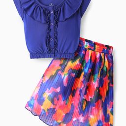 OLLINGTON ST. Cotton Half Sleeves Top & Printed Pleated Georgette Skirt - Blue & Multicolor-image-60