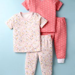 Kidi Wav Pack Of 2 Half Sleeves Polka Dots & Floral Printed Coordinating Tees & Joggers Set - Multi Colour-image-47