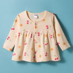 Tango Interlock Knit Full Sleeves Front Open Frock with Floral & Cherry Print - Cream-picture-38