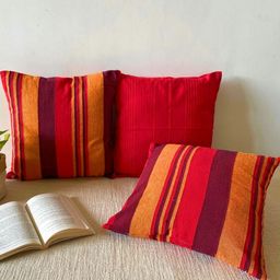 RANGBHAR Red & Beige 3 Pieces Striped Pure Cotton Square Cushion Covers-36