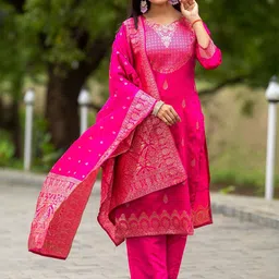 NIZA FASHION Floral Woven Design Sweetheart Neck Zari Kurta & Trousers & Dupatta-48