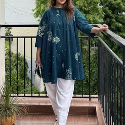 Janasya Women Mandarin Collar Teal Blue Pure Cotton Floral Printed Flared Tunic-picture-11