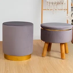 Shadowkart Set Of 2 Grey Wooden Round Shaped Ottomans-13