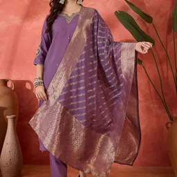 Sangria Ethnic Motifs Embroidered Straight Kurta & Trousers With Dupatta-44