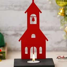 eCraftIndia Red & Black Wooden Merry Christmas Charming Church Tea Light Candle Holder-18
