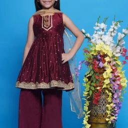 Little Bansi Girls Maroon Self Design Kurta, Plazzos with Dupatta-image-88