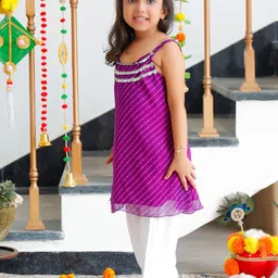 Thread & Button Girls Leheriya Regular Thread Work Silk Chiffon Kurta with Trousers image 5
