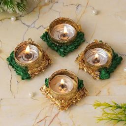eCraftIndia Green & Gold Aluminium Tea Light Holders - Set of 4-29