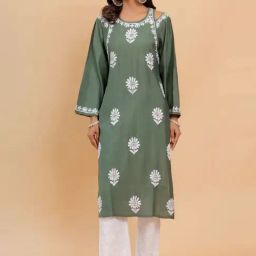 House of Kari Saba Chikankari Bottle Green Long Kurta Shoulder Cut In Muslin-picture-43