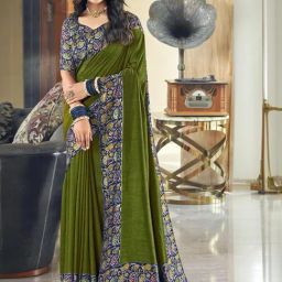 Satrani Green & Navy Printed Saree With Unstitched Blouse-image-37